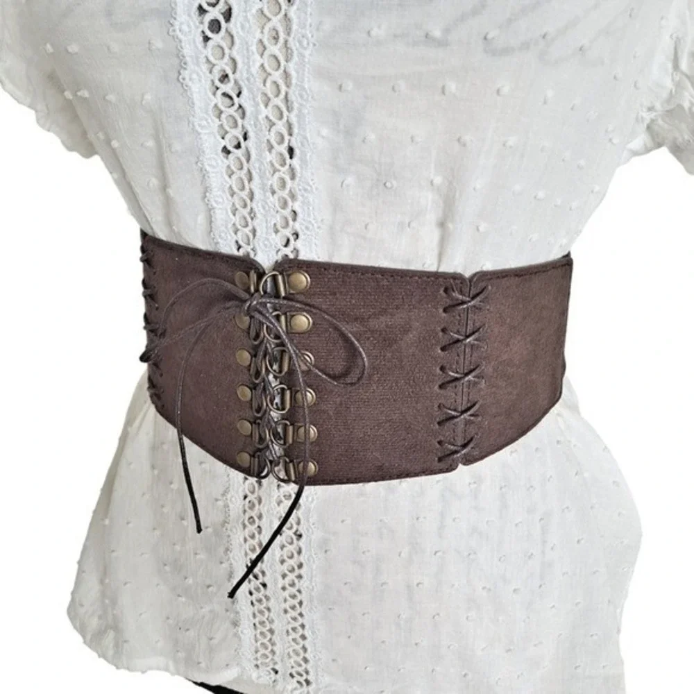 Western wide waist faux suede corset belt L/ XL dark brown boho lace up stretch